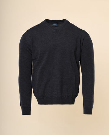 Camisola Decote em V 100% Lã Merino em Cinzento Escuro